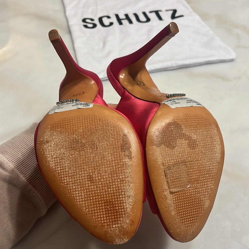 Schutz Desiree Pink Satin Open Toe Mule Heels - Picture 7 of 8
